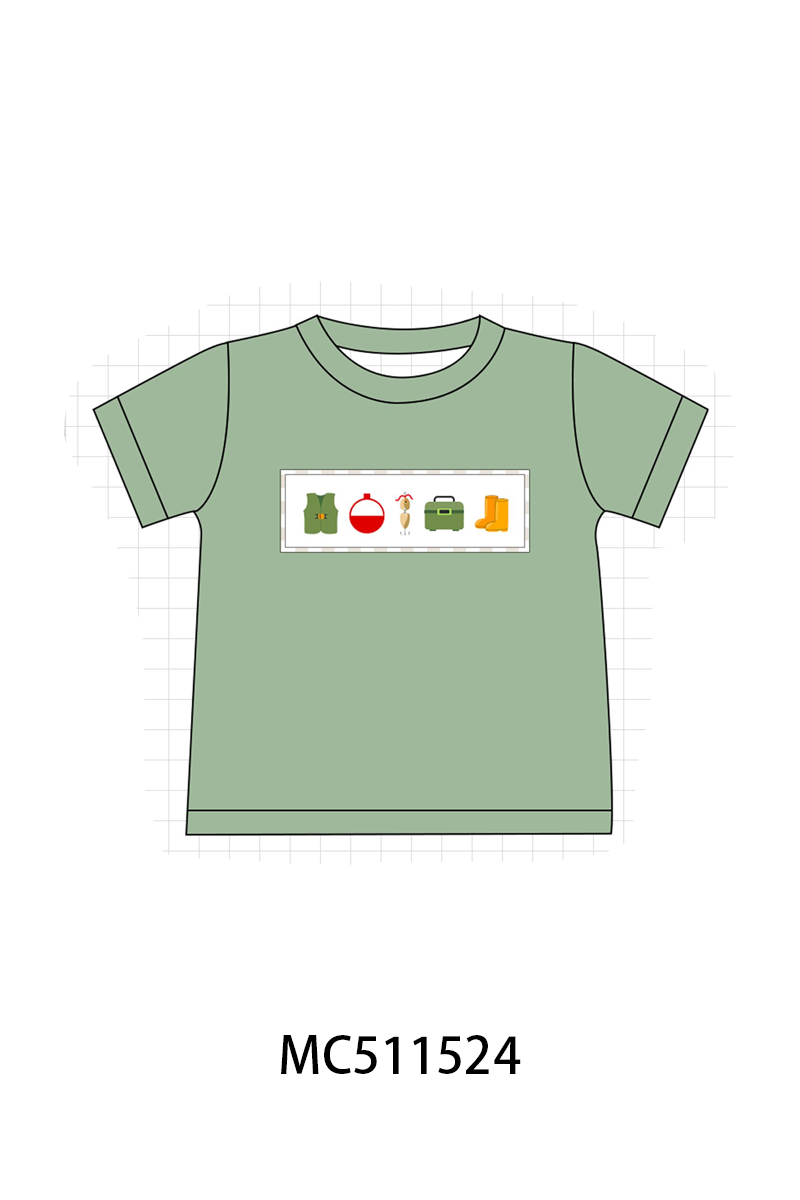 PO75 Green fishing embroidery gingham collection