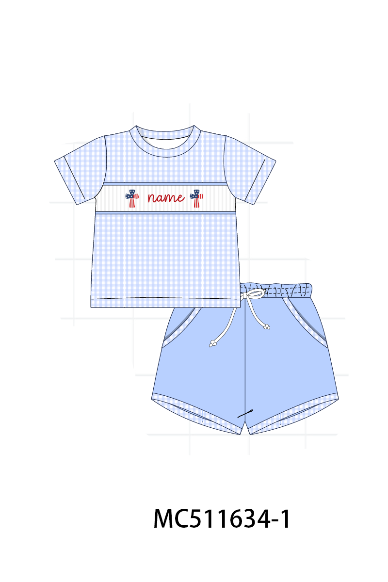 PO75 Blue Patriotic flag cross monogram smocked collection