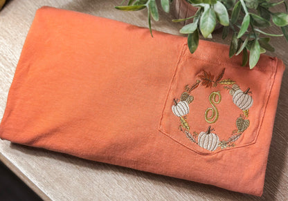 Personalized Pumpkin Wreath Embroidered Pocket T-Shirt