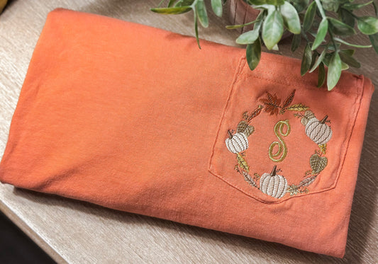Personalized Pumpkin Wreath Embroidered Pocket T-Shirt
