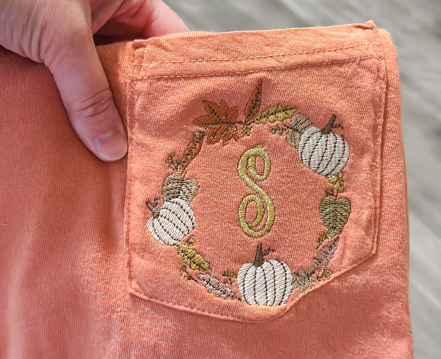 Personalized Pumpkin Wreath Embroidered Pocket T-Shirt