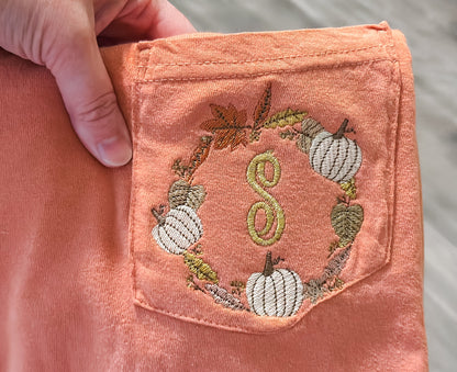 Personalized Pumpkin Wreath Embroidered Pocket T-Shirt