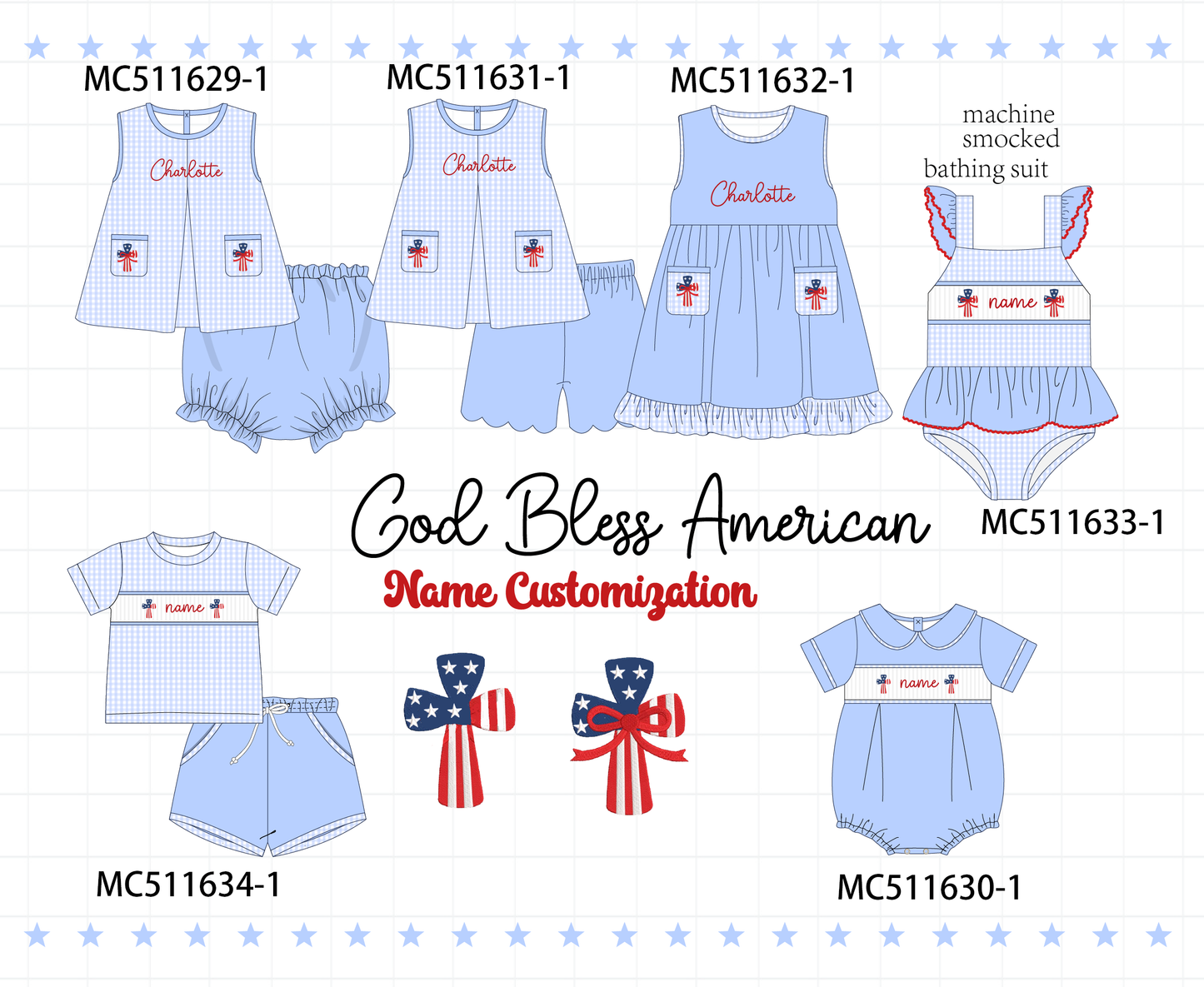 PO75 Blue Patriotic flag cross monogram smocked collection