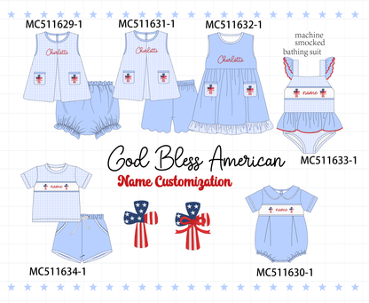 PO75 Blue Patriotic flag cross monogram smocked collection