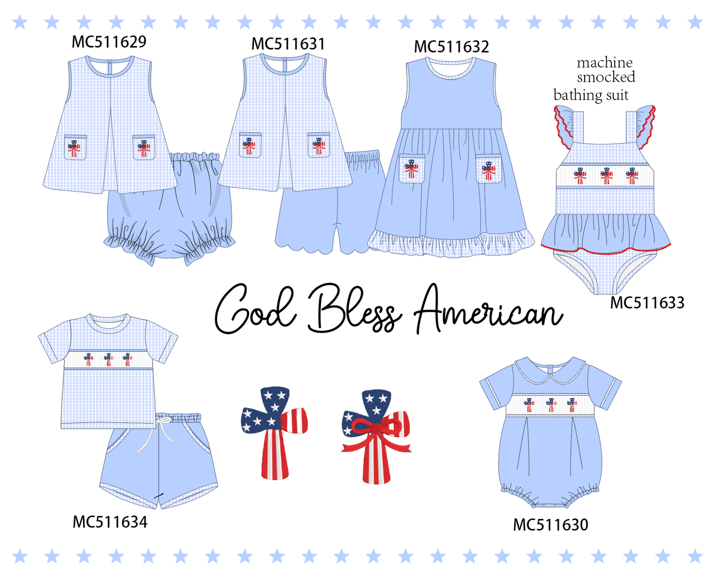 PO75 Blue Patriotic flag cross smocked collection