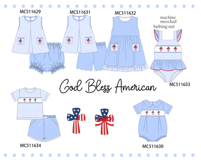 PO75 Blue Patriotic flag cross smocked collection