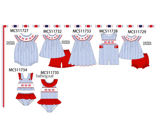 PO75 Blue seersucker Patriotic flag smocked collection 1