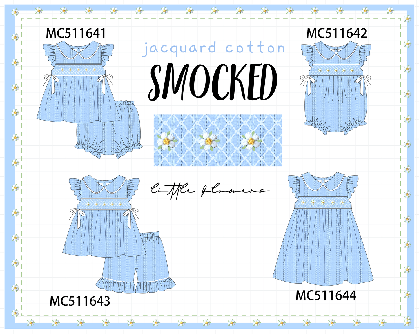 PO75 Blue floral jacquard smocked ruffle collection
