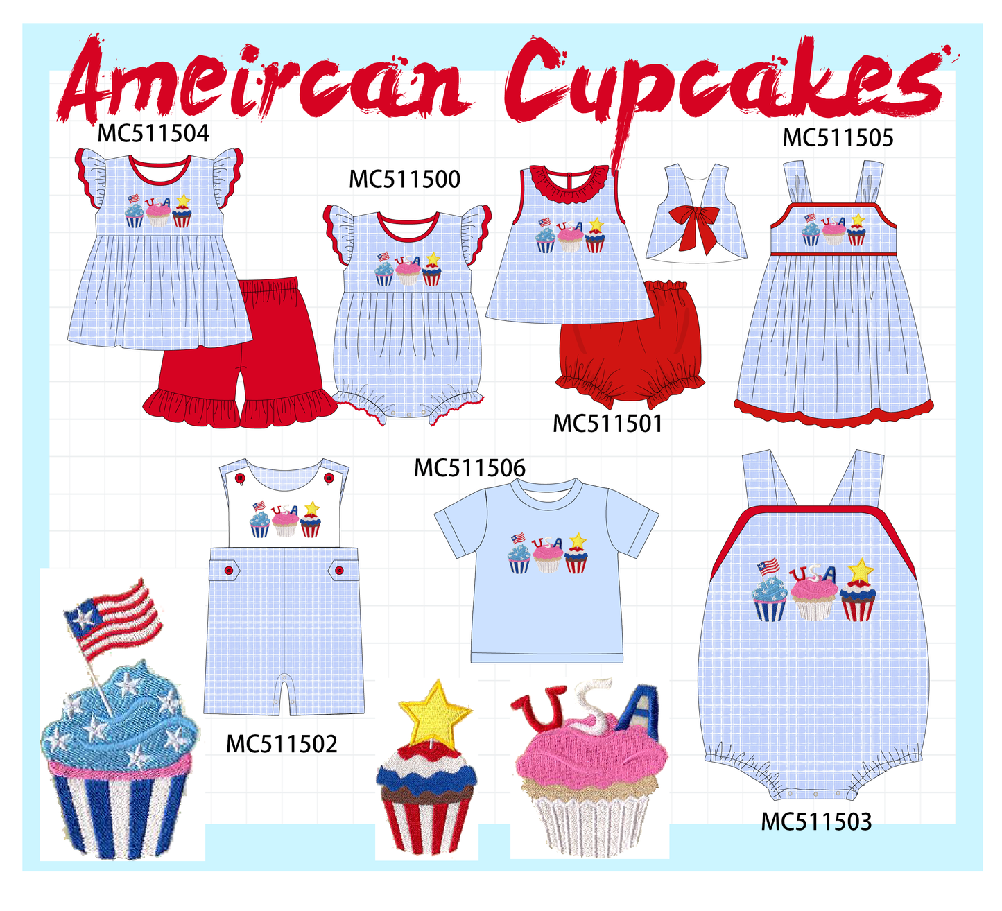 PO75 Blue plaid Patriotic cupcaker embroidery collection