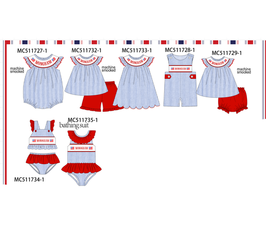 PO75 Blue seersucker Patriotic flag monogram smocked collection 1