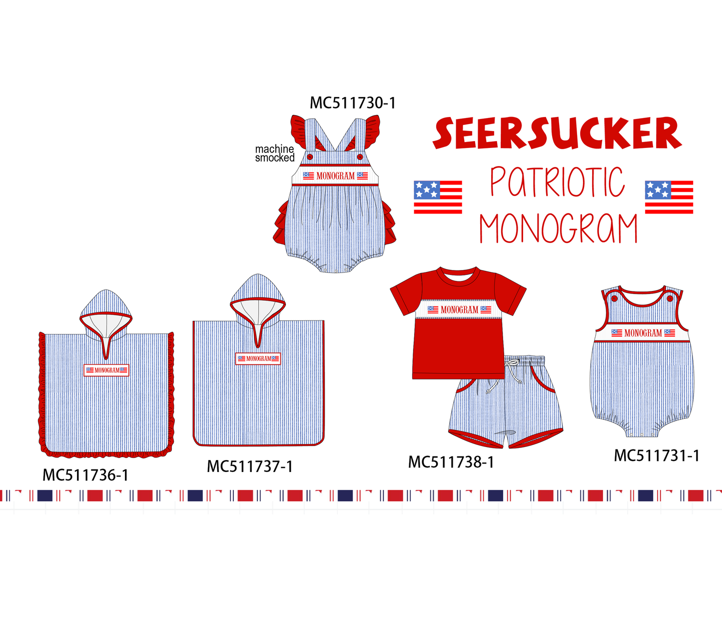 PO75 Blue seersucker Patriotic flag monogram smocked collection 2