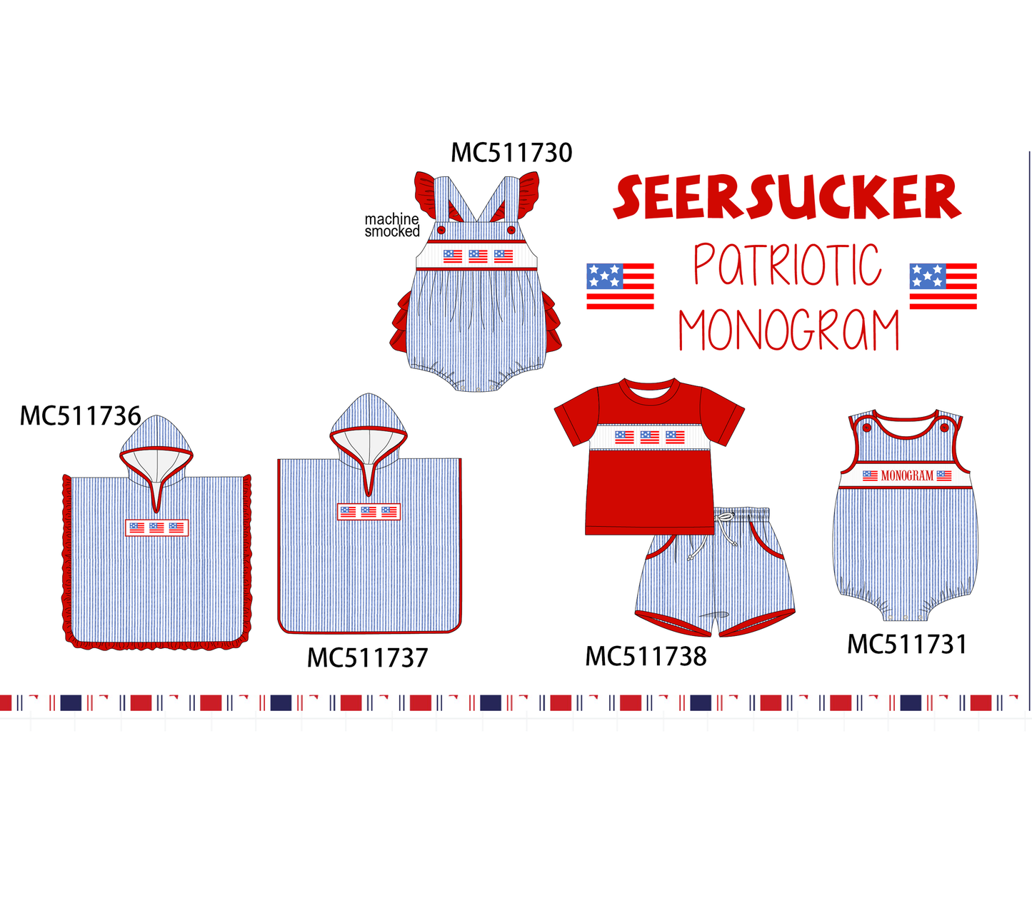 PO75 Blue seersucker Patriotic flag smocked collection 2