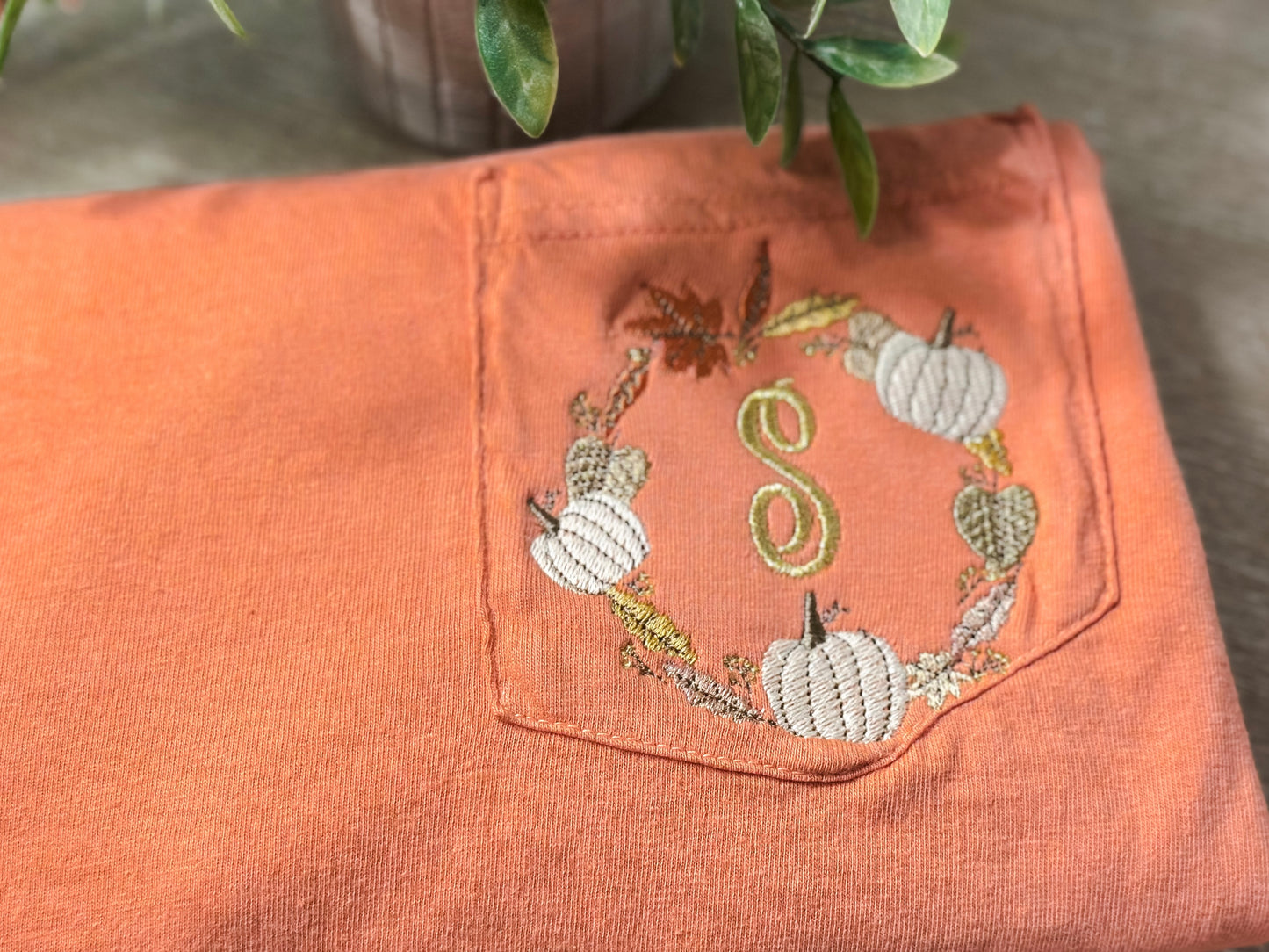 Personalized Pumpkin Wreath Embroidered Pocket T-Shirt