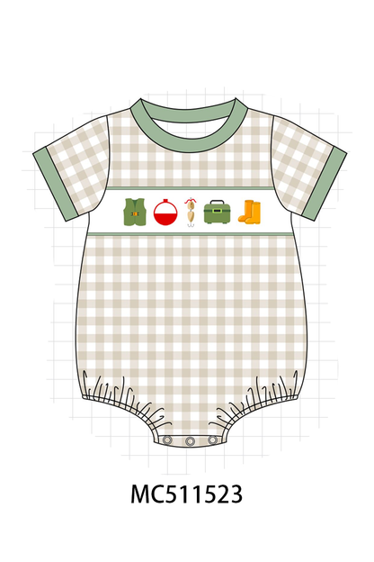 PO75 Green fishing embroidery gingham collection