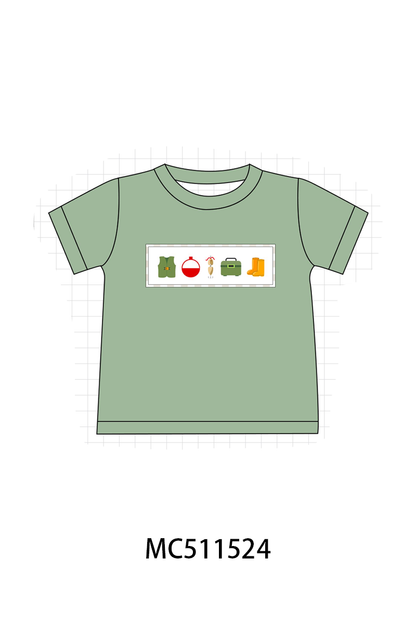 PO75 Green fishing embroidery gingham collection