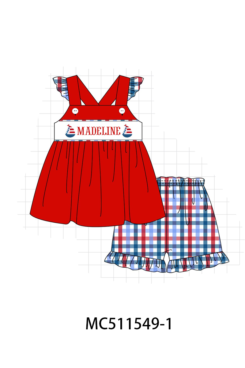 PO75 Red Patriotic sailboat monogram gingham embroidery collection