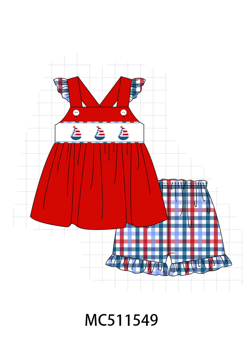 PO75 Red Patriotic sailboat embroidery gingham collection