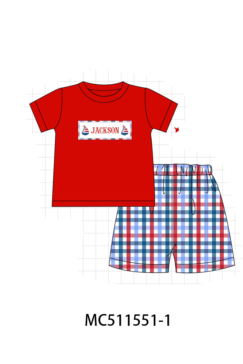 PO75 Red Patriotic sailboat monogram gingham embroidery collection