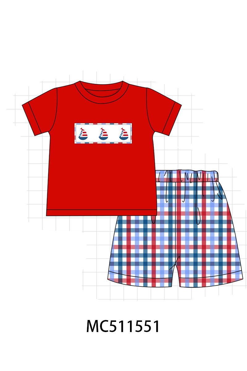 PO75 Red Patriotic sailboat embroidery gingham collection