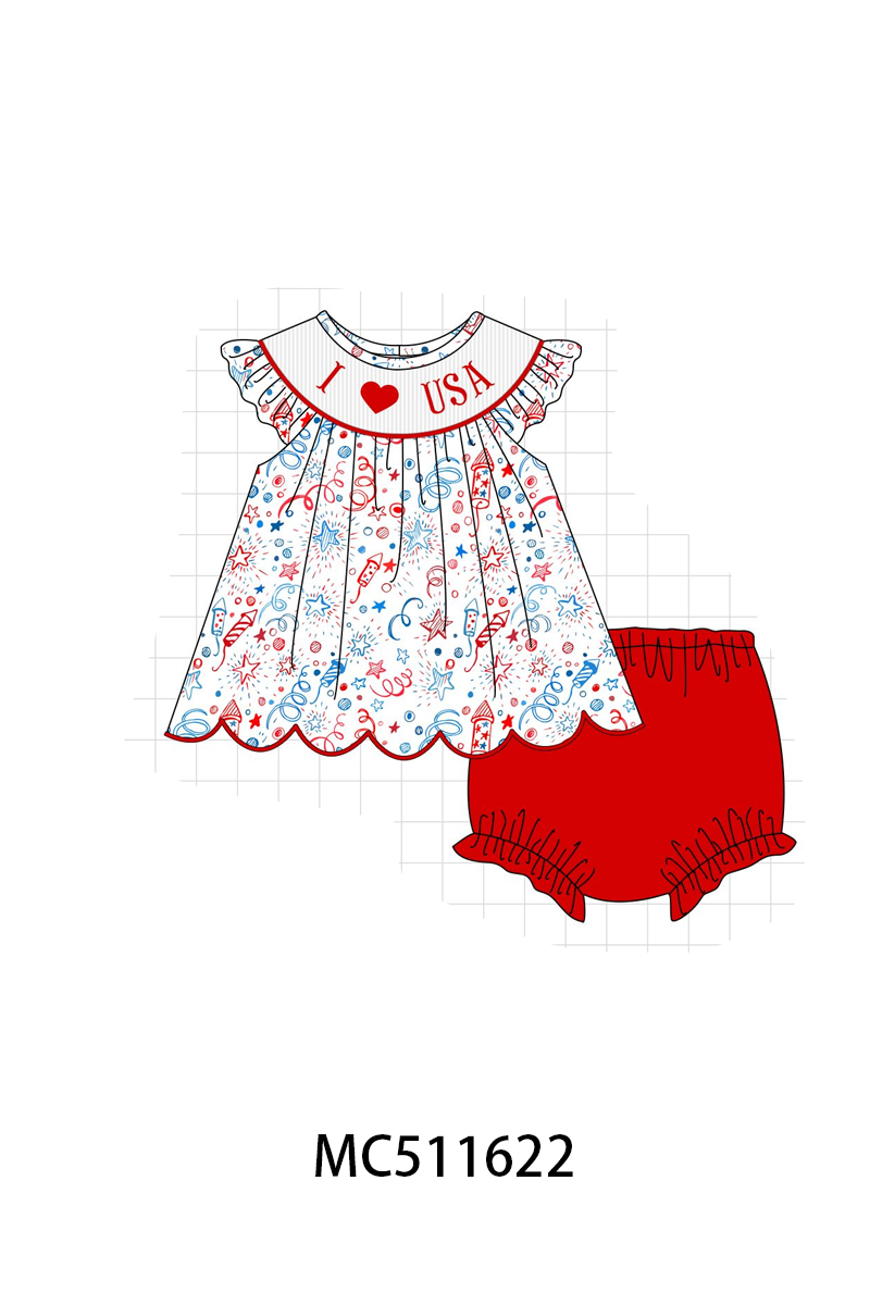 PO75 Red Patriotic I love USA smocked collection