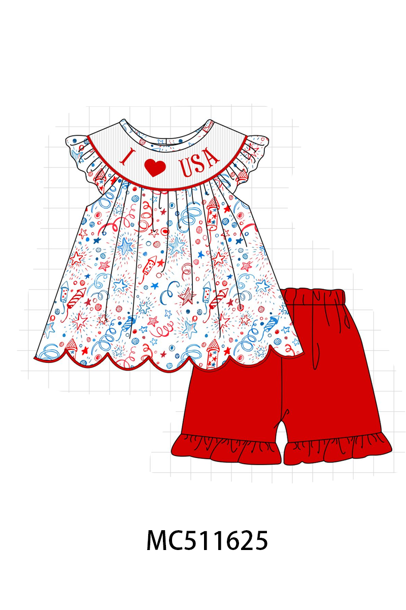 PO75 Red Patriotic I love USA smocked collection