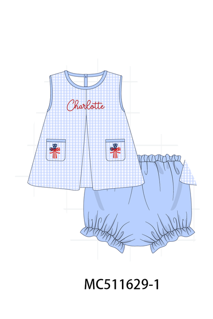 PO75 Blue Patriotic flag cross monogram smocked collection