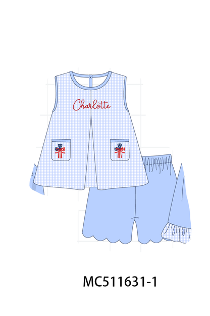 PO75 Blue Patriotic flag cross monogram smocked collection