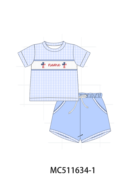 PO75 Blue Patriotic flag cross monogram smocked collection