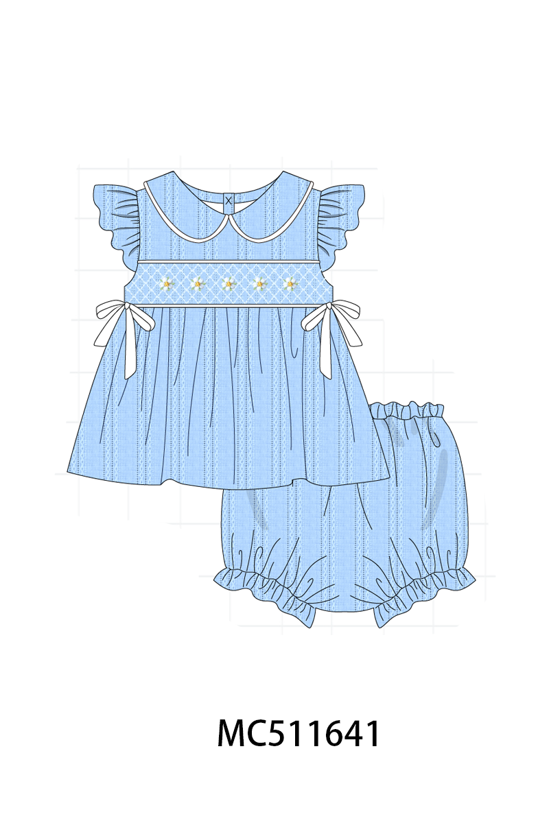 PO75 Blue floral jacquard smocked ruffle collection