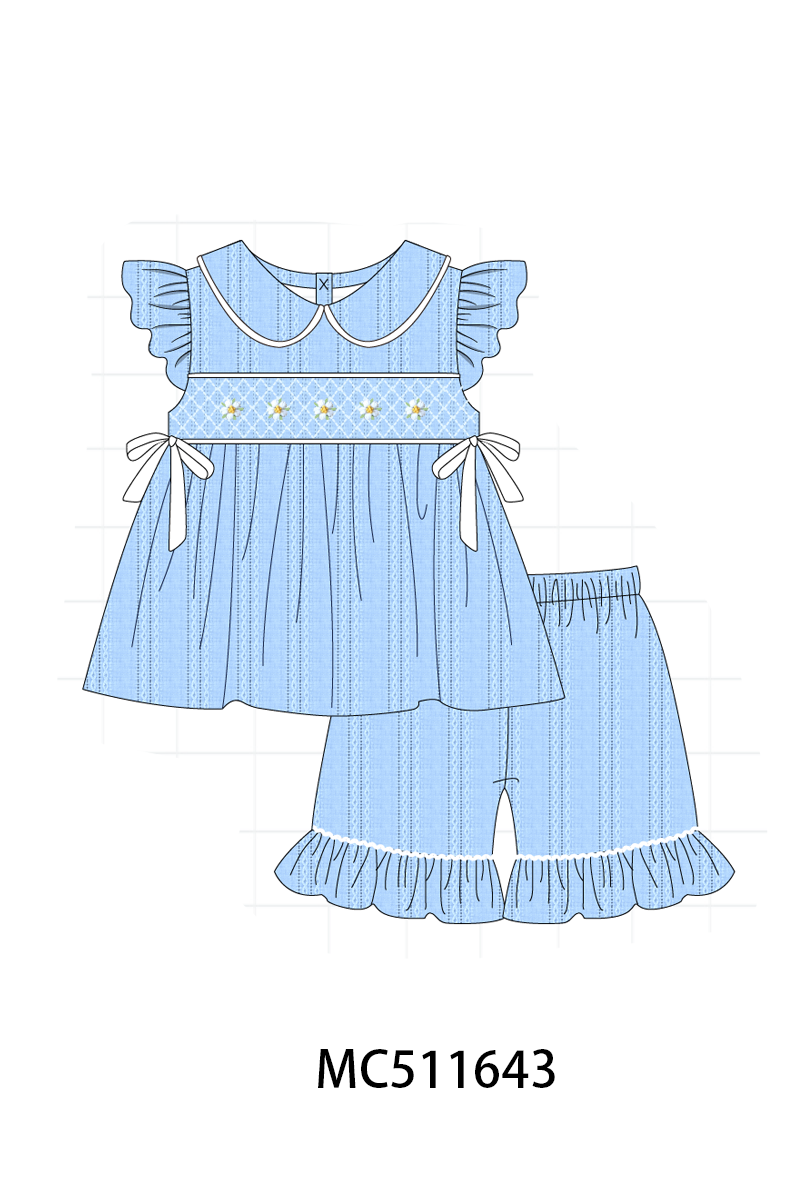 PO75 Blue floral jacquard smocked ruffle collection