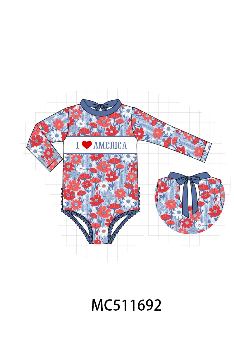 PO75 I love America embroidery floral swimsuit collection
