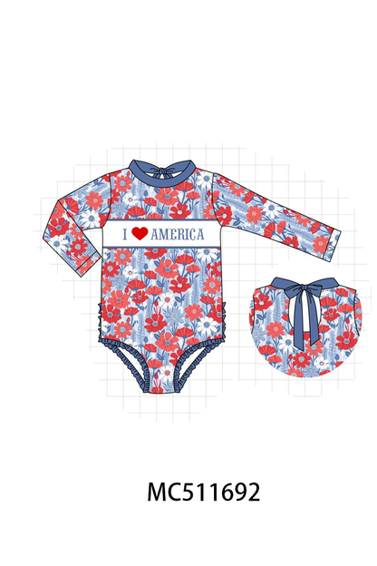 PO75 I love America embroidery floral swimsuit collection