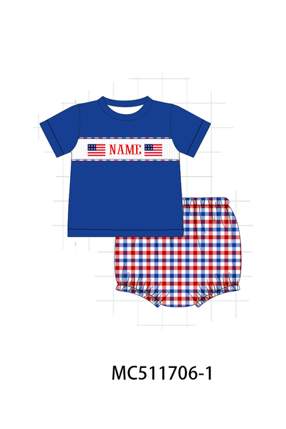 PO75 Patriotic flag monogram smocked gingham collection