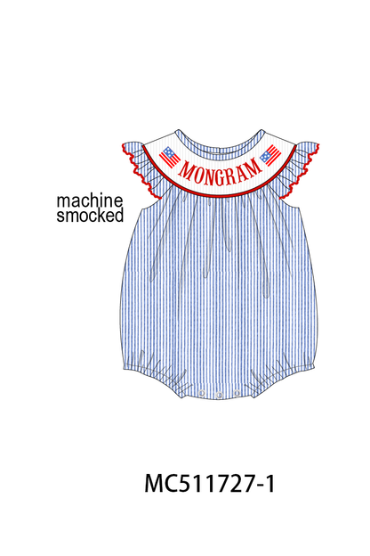 PO75 Blue seersucker Patriotic flag monogram smocked collection 1