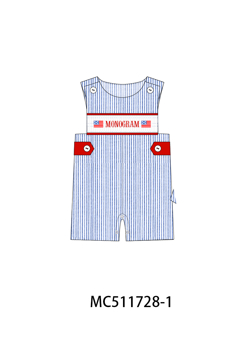 PO75 Blue seersucker Patriotic flag monogram smocked collection 1