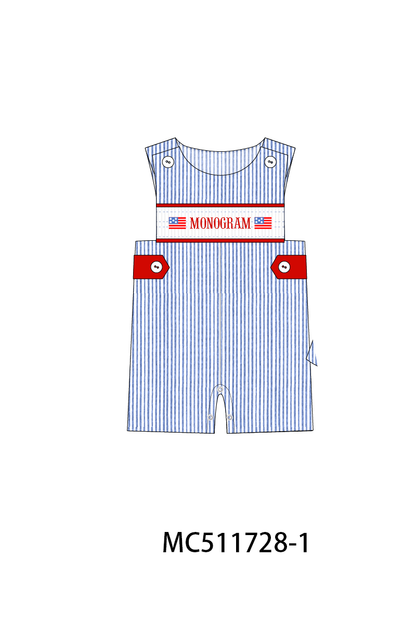 PO75 Blue seersucker Patriotic flag monogram smocked collection 1