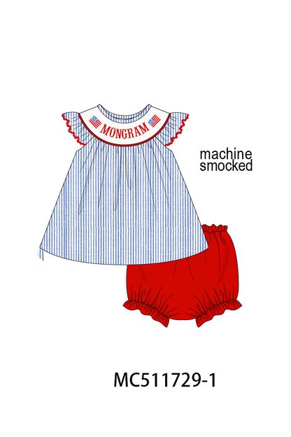 PO75 Blue seersucker Patriotic flag monogram smocked collection 1