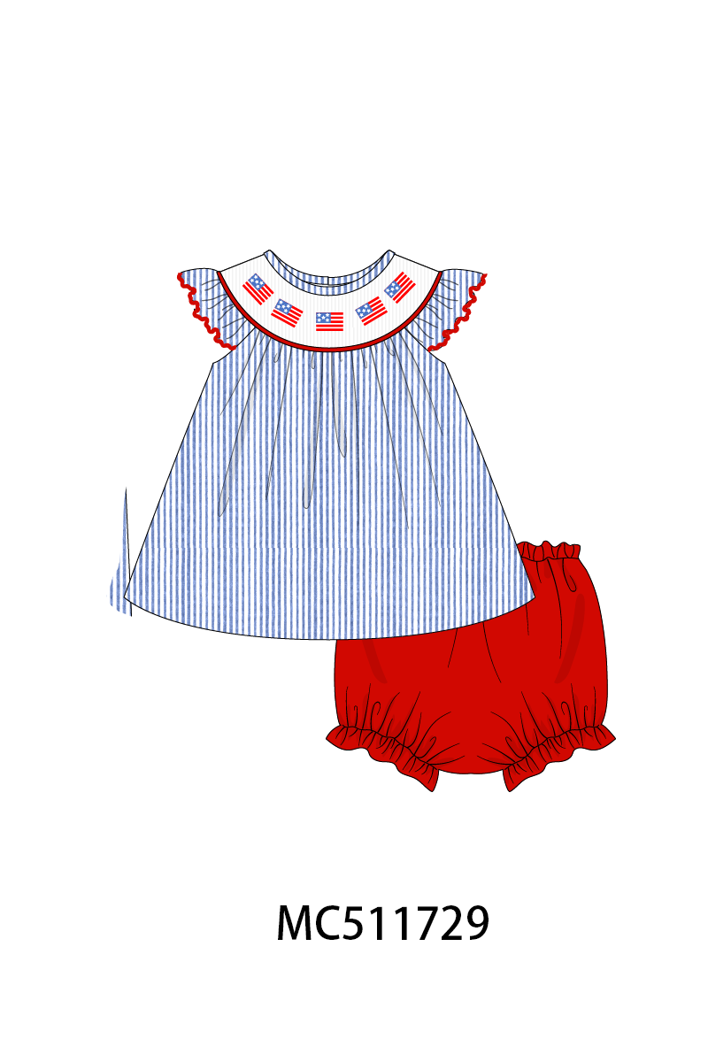 PO75 Blue seersucker Patriotic flag smocked collection 1