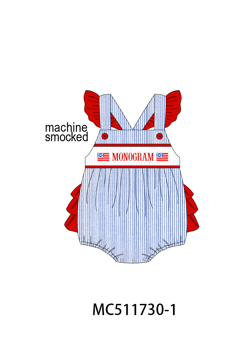 PO75 Blue seersucker Patriotic flag monogram smocked collection 2