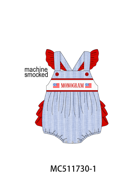 PO75 Blue seersucker Patriotic flag monogram smocked collection 2