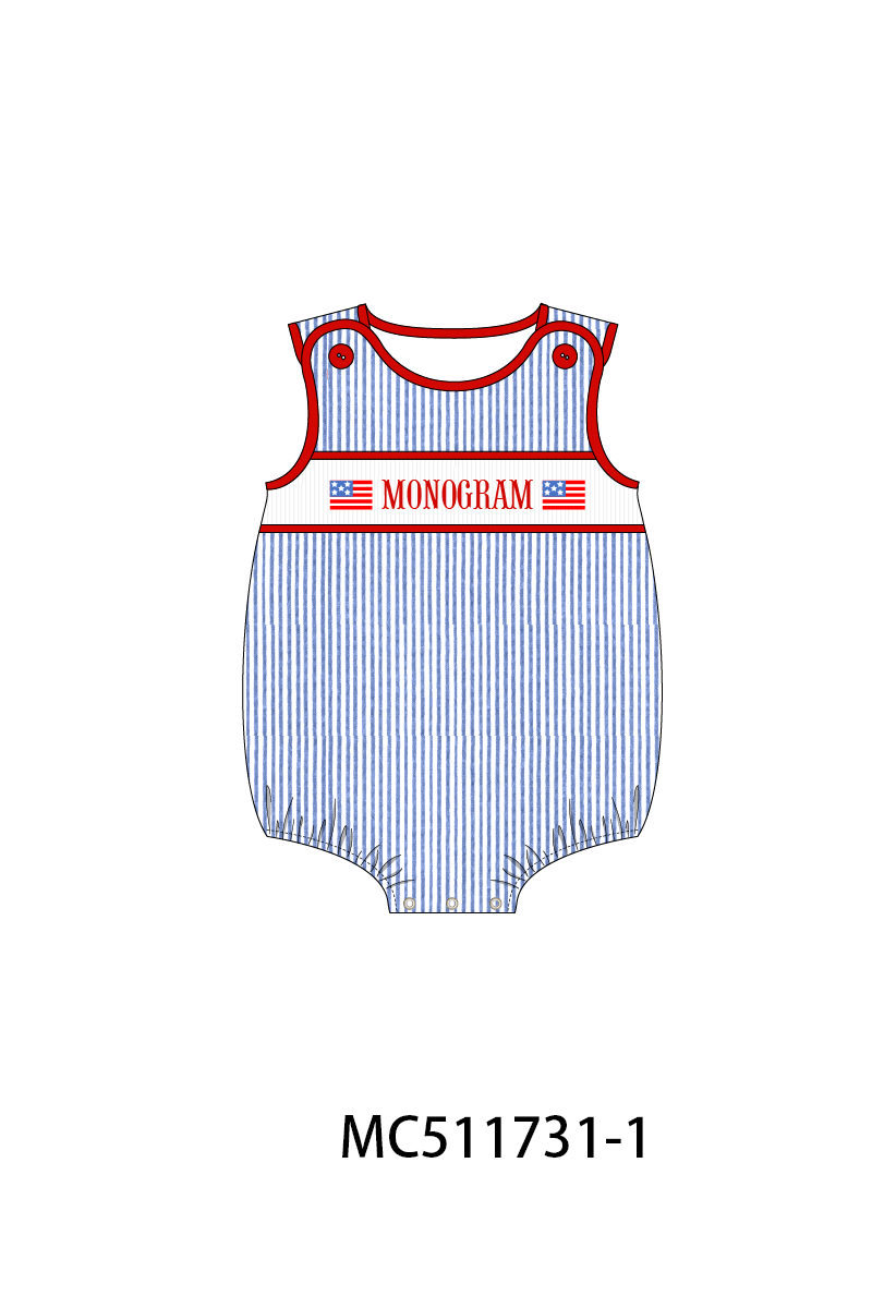 PO75 Blue seersucker Patriotic flag monogram smocked collection 2