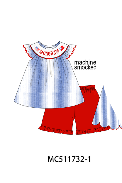 PO75 Blue seersucker Patriotic flag monogram smocked collection 1