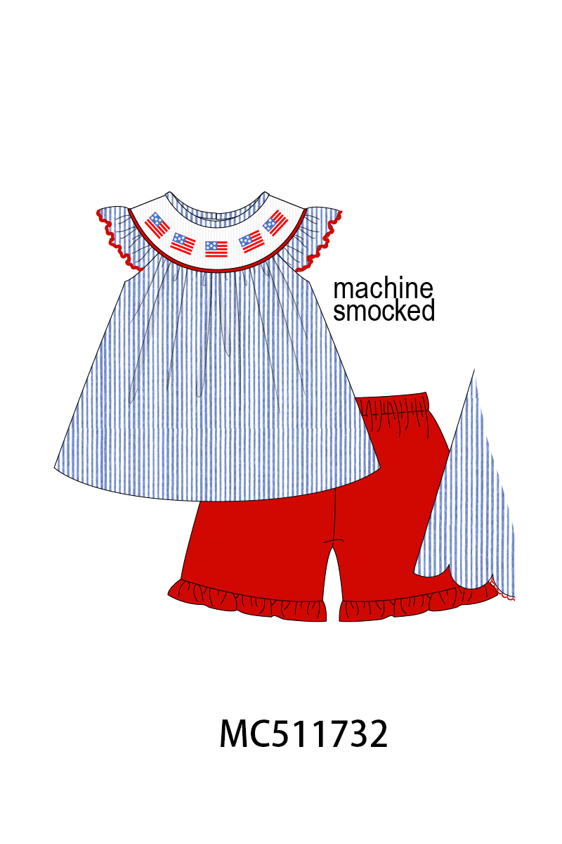 PO75 Blue seersucker Patriotic flag smocked collection 1