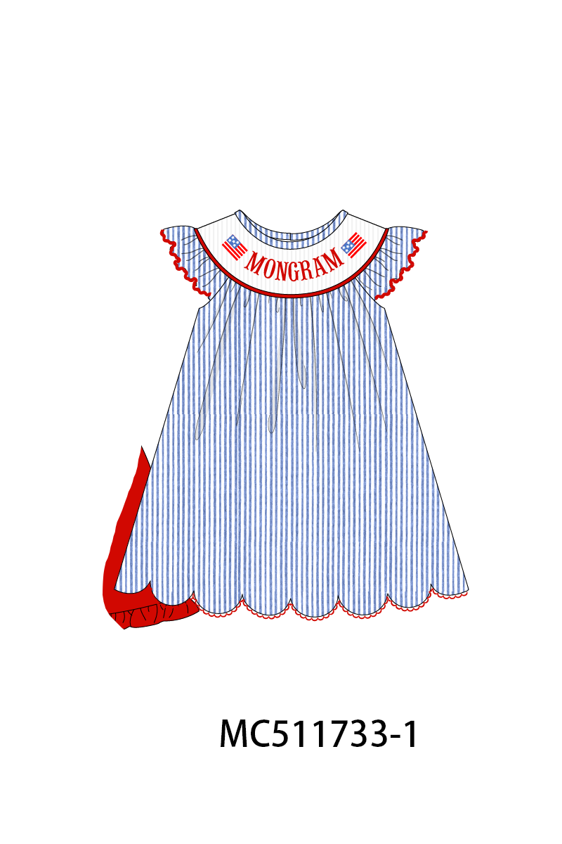 PO75 Blue seersucker Patriotic flag monogram smocked collection 1
