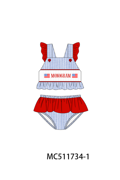 PO75 Blue seersucker Patriotic flag monogram smocked collection 1