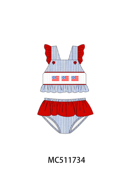 PO75 Blue seersucker Patriotic flag smocked collection 1