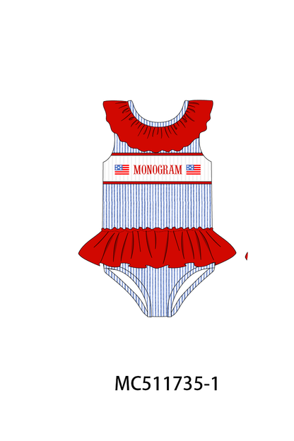PO75 Blue seersucker Patriotic flag monogram smocked collection 1