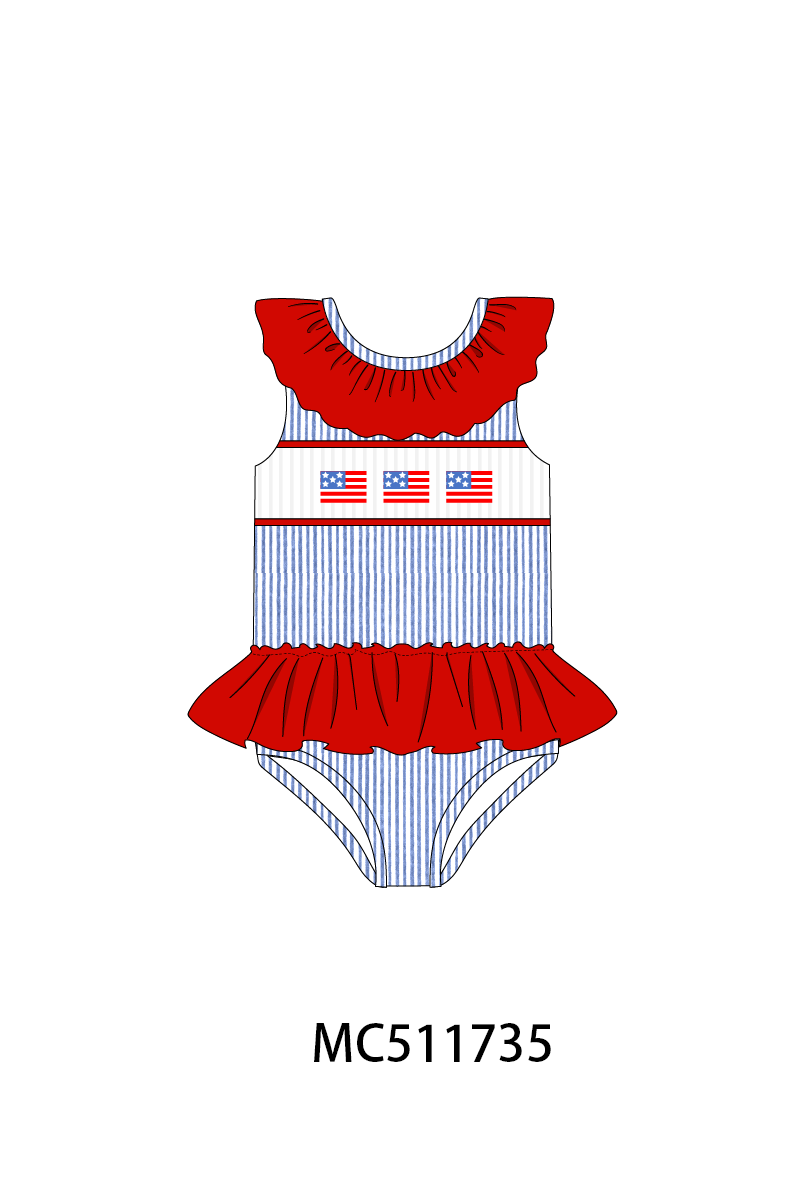 PO75 Blue seersucker Patriotic flag smocked collection 1