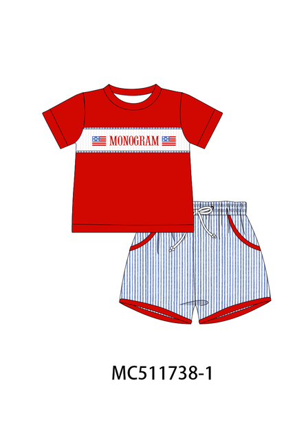 PO75 Blue seersucker Patriotic flag monogram smocked collection 2
