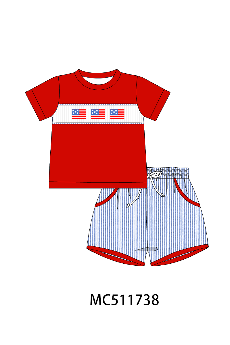 PO75 Blue seersucker Patriotic flag smocked collection 2